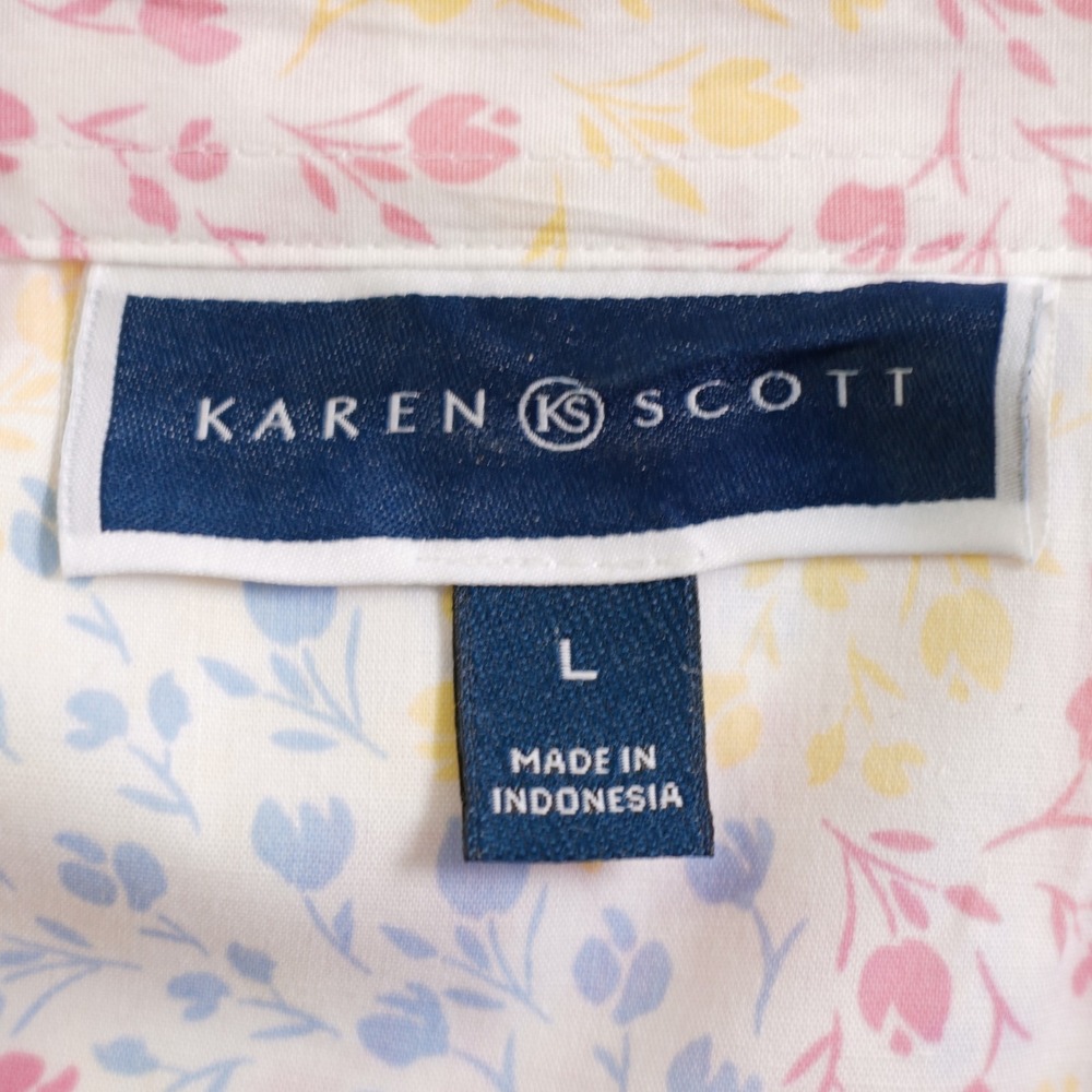 Karen Scott Button Up Shirt Top White Pik Teal Yellow Floral Large Collared Cott - Picture 7 of 8